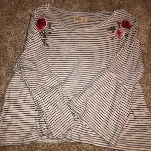 Women hollister white black striped ruffled 3/4 length sleeves crop top floral